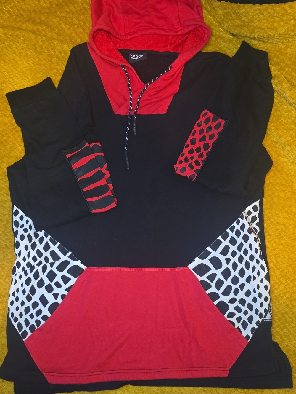 Women's Black & Red Hooded Pullover with Graphic Panel Accents